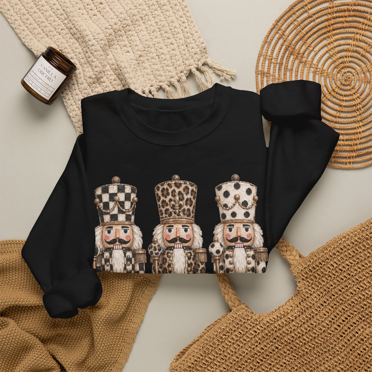 Nutcracker Trio Sweatshirt — Vintage Check & Leopard Holiday Crewneck